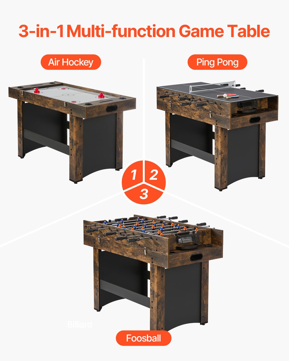 VEVOR 3-in-1 Combo Game Table Set, 54" Air Hockey Table, Multi Combination Table with Air Hockey, Ping Pong, Foosball, Pushers & Pucks, Air Powered Arcade Hockey Table for Family Game Room Office