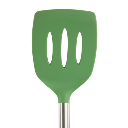 Tovolo Silicone Cooking Utensil Set of 6 Stainless Steel Handle Ladle Slotted Turner Tongs Flex Core Spatula Scraper Mixing Spoon & Potato Masher, Dishwasher Safe BPA Free Utensils, Pesto Green