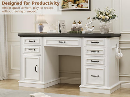 Jocoevol Farmhouse 57" Executive Desk with 7 Drawers, Home Office Desk with File Cabinet Storage, Computer Desk with Charging Station and Headphone Hook for Work, Study, Writing, White