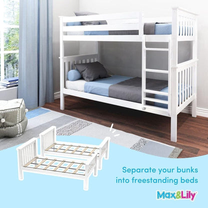 Max & Lily Bunk Bed Twin over Twin, Solid Wood Bunk Bed Frame with Ladder for Kids, 14" Safety Guardrails, Easy Assembly, No Box Spring Needed, White