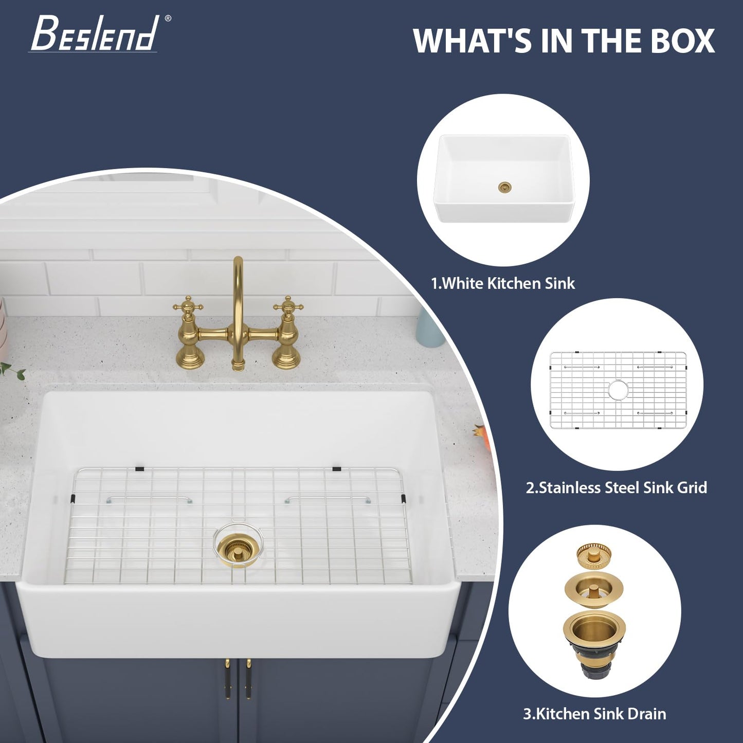 Beslend White Farmhouse Sink 33X20 inch Fireclay Farm Style Apron Front Undermount Kitchen Sink Large Single Bowl Farmer Kitchen Basin