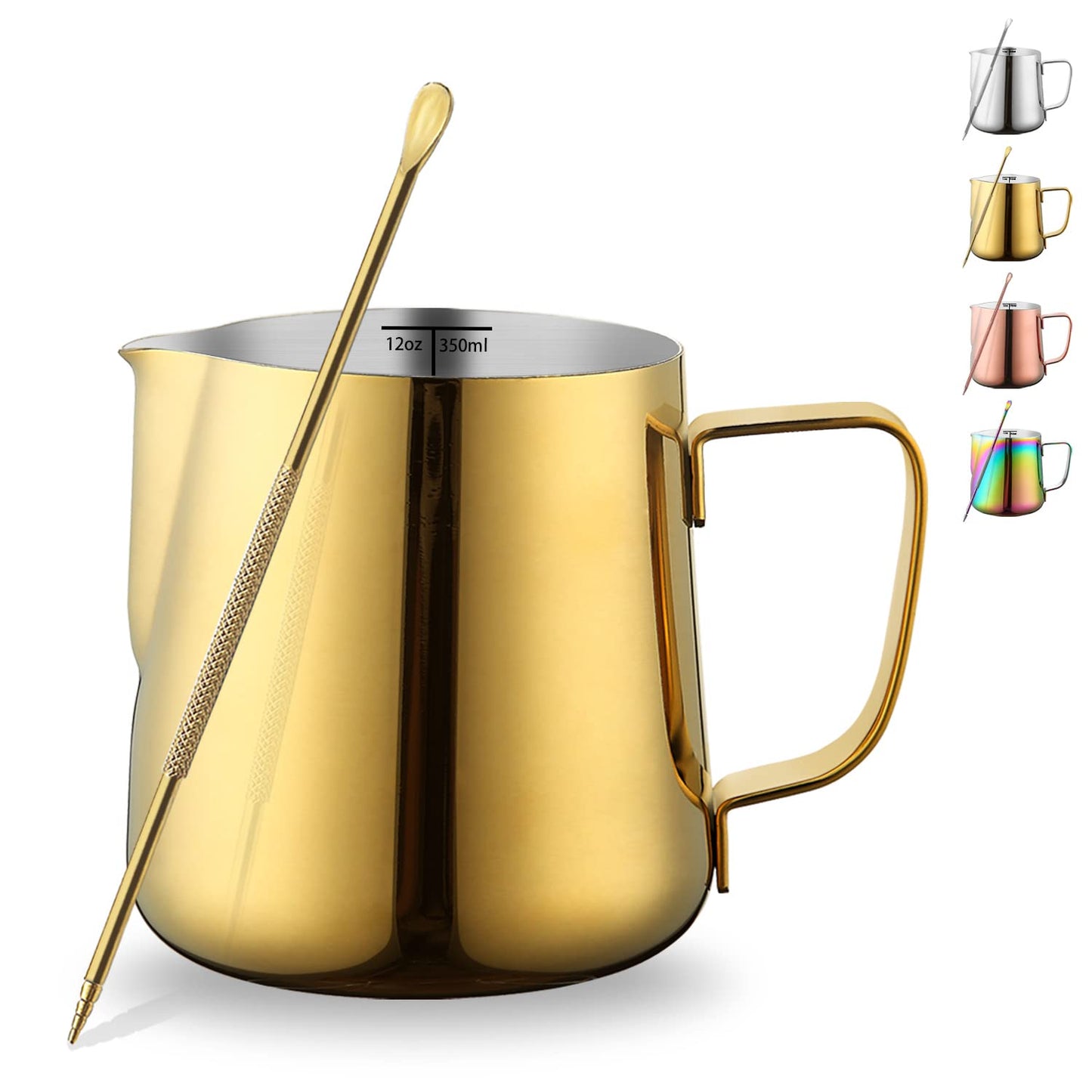 Milk Frothing Pitcher 12oz - 350ml, Kyraton Stainless Steel Espresso Steaming Pitchers with Decorating Pen,Milk Coffee Frother Cups Cappuccino Latte Art Barista Steam Pitchers Milk Jug Cup (Gold)