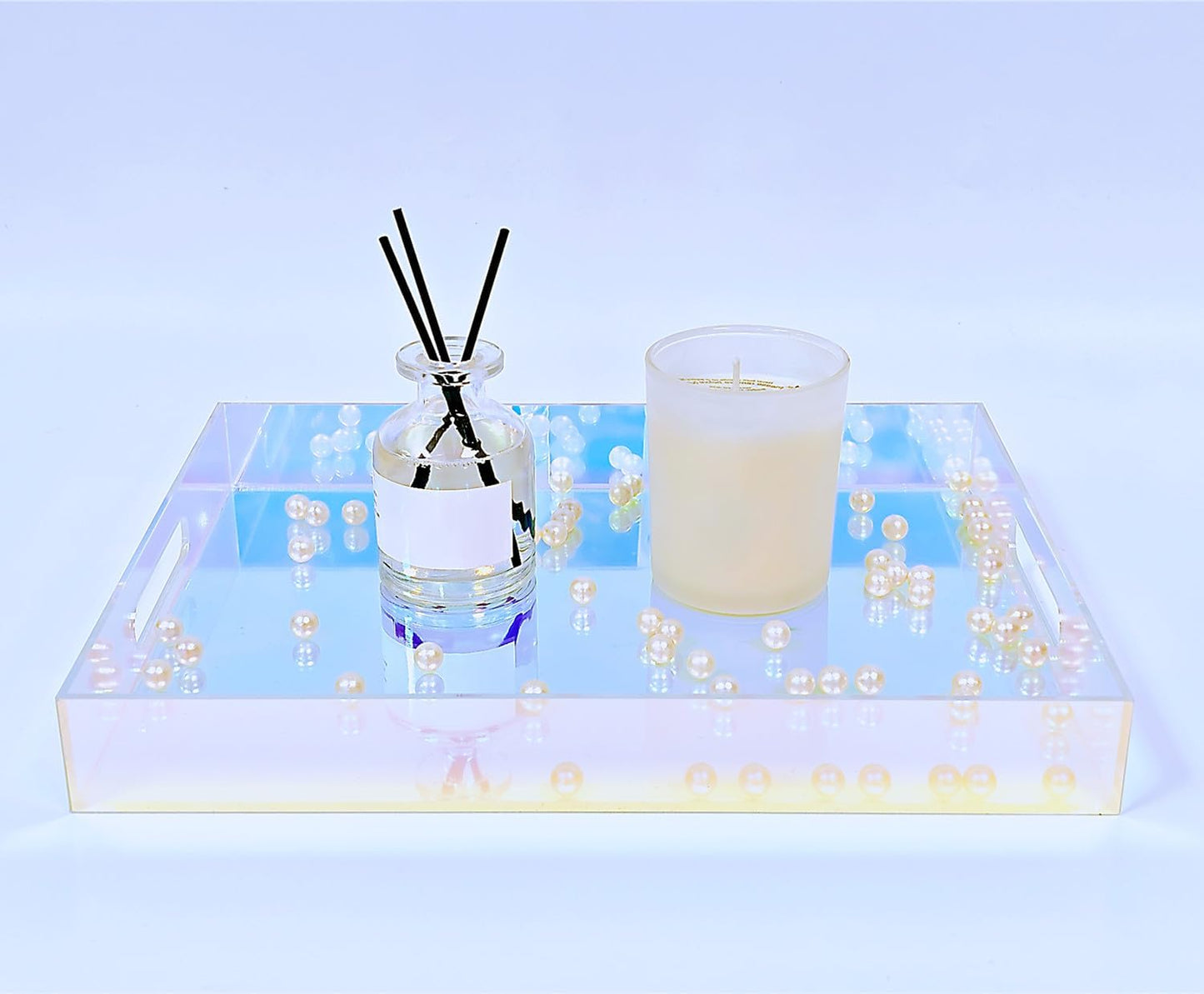 12X9 Inch Countertop, ROYALITA Iridescent Acrylic Tray with Handles, Serving Tray Spill Proof, Perfume Decorative Tray