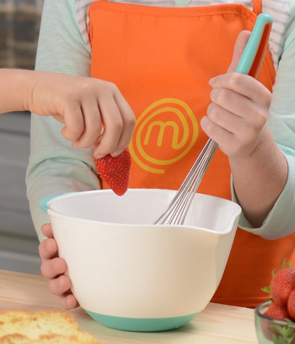 MasterChef Junior Breakfast Cooking Set- 6 Pc Kit w Real Cooking Tools for Kids & Recipes- Includes Spatula, Mixing Bowl, Whisk, Egg Cup, Juicer- Make Pancakes, Crepes & More- Fun Breakfast Essentials