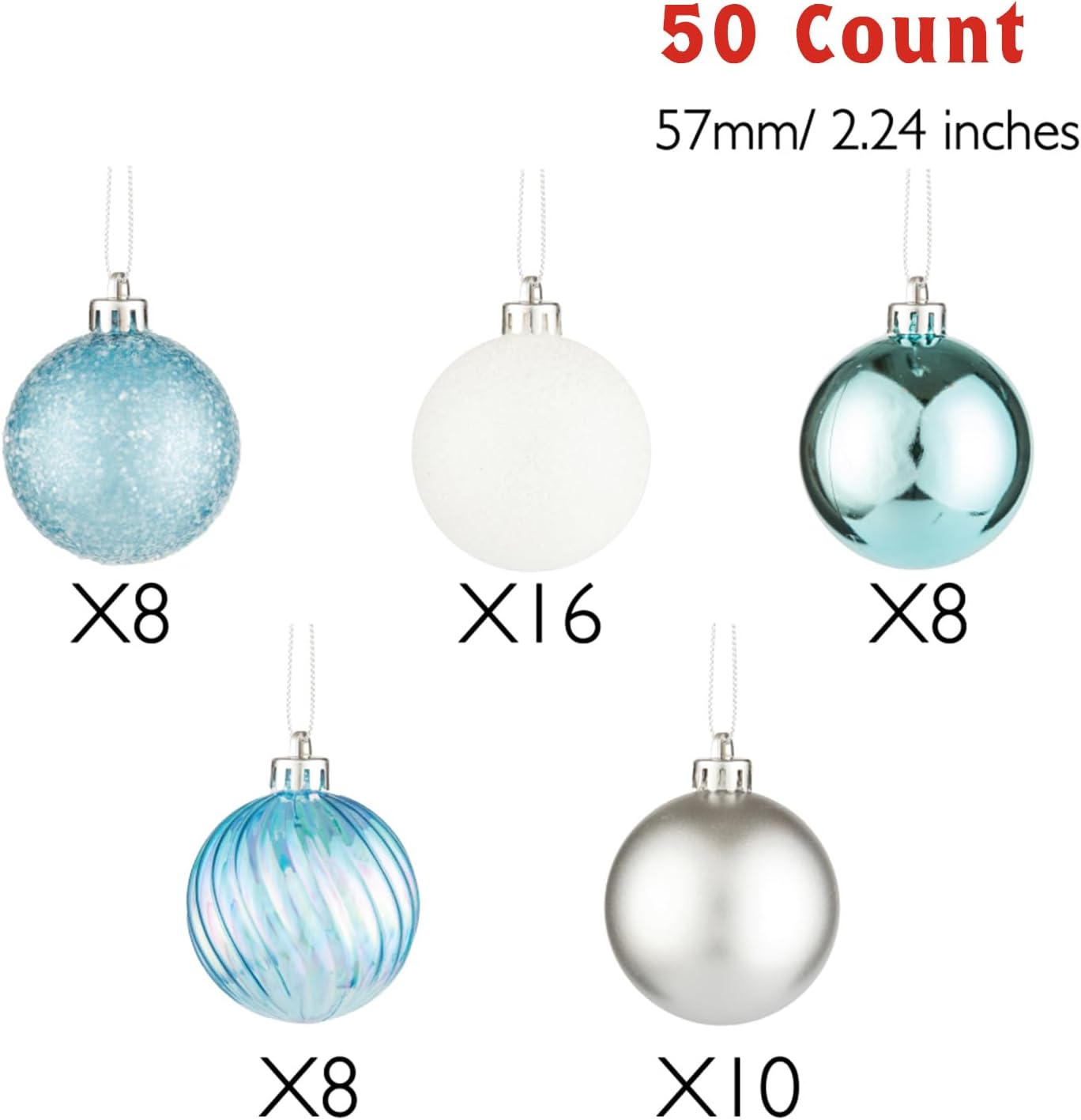 Every Day is Christmas Ornaments - Shatterproof Christmas Tree Ornament Set, 50 Count (2.24"/57mm, Blue Silver)