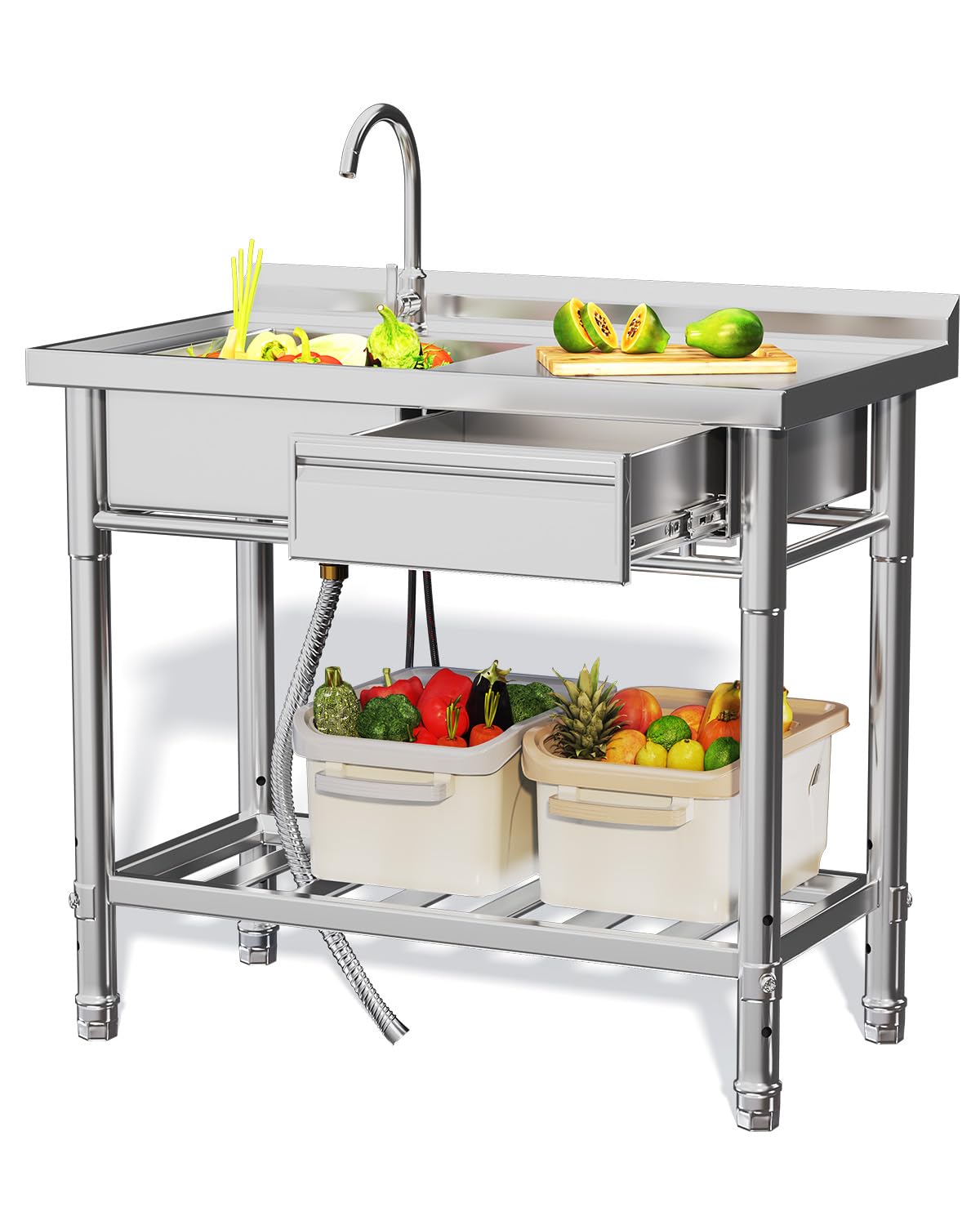 JFHID Stainless Steel Utility Sink, Free Standing Single Bowl Commercial Kitchen Sinks with Faucet, Drawer & Hot/Cold Water Pipes, Stainless Steel Prep Table Workbench Sink for Restaurant Laundry