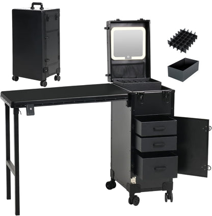 ZhenGuiRu Portable Manicure Table with 3 Drawers, Rolling Foldable Nail Desk with Detachable Mirror, Professional Makeup Train Case with Wheels and TSA Lock for Nail Techs & Salon Use
