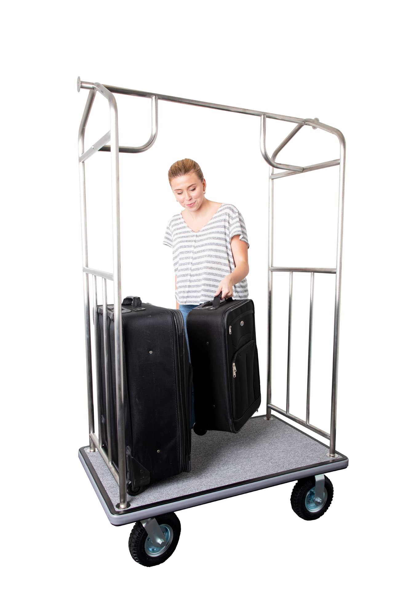 Wholesale Hotel Products Stainless Steel Luggage Cart – 800lb Capacity – Bellman Cart w/ 6” Air Filled Tires & Gray Carpet, for Hotel, Resorts, Condos, Commercial Use (Value Valet Series)