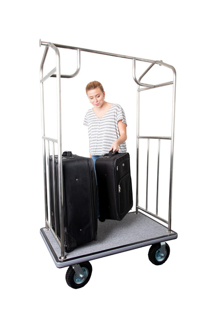 Wholesale Hotel Products Stainless Steel Luggage Cart – 800lb Capacity – Bellman Cart w/ 6” Air Filled Tires & Gray Carpet, for Hotel, Resorts, Condos, Commercial Use (Value Valet Series)