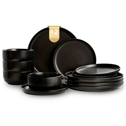 EWFEN Plates and Bowls Sets, 12 Pieces Ceramic Dinnerware Set for 4, Stoneware Dishware Dishes Set, Scratch Resistant Dishes Set, Dishwasher & Microwave Safe, Black