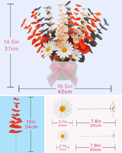 BAZIMA Felt Eucalyptus Daisy Bouquet,Felt Flowers,Multi-Color Felt Leaves,DIY Bouquet,Artificial Flower Bouquet with Flower Pot,Floral Gifts,15 Eucalyptus and 8 Daisies (Orange Gray Light Yellow)