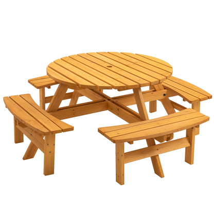 Jaxilyn 8-Person Round Wooden Picnic Table with Seat, Outdoor Camping Dining Table with 4 Built-in Benches, Natural