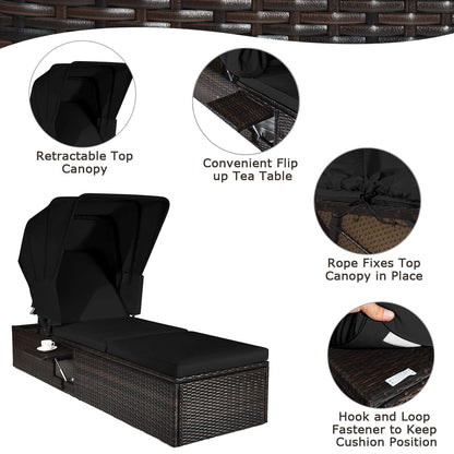 HAPPYGRILL Patio Chaise Lounge with Retractable Canopy, Outdoor Reclining Chair with Adjustable Backrest, Rattan Wicker Daybed with Coffee Table for Beach Poolside Backyard Balcony Porch