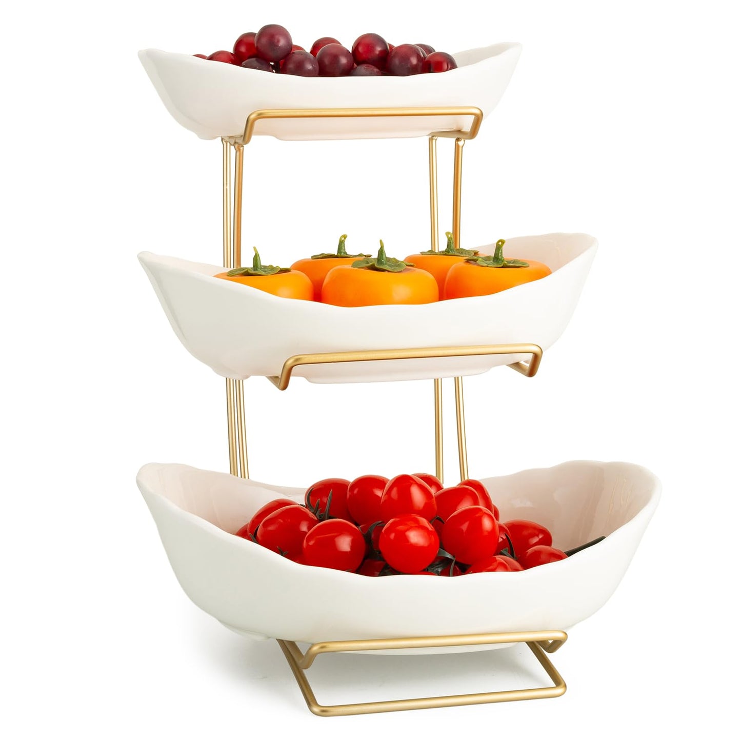 jessie 3 Tier Ceramic Fruit Bowls for Kitchen Counter with Metal Rack, Fruit Basket with Stand, Porcelain Bowls for Fruit Vegetable Bread Candy Snack Nuts Dessert Cake Tray (White 3 Layer)