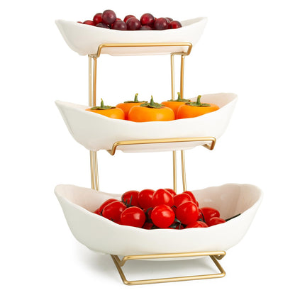 jessie 3 Tier Ceramic Fruit Bowls for Kitchen Counter with Metal Rack, Fruit Basket with Stand, Porcelain Bowls for Fruit Vegetable Bread Candy Snack Nuts Dessert Cake Tray (White 3 Layer)