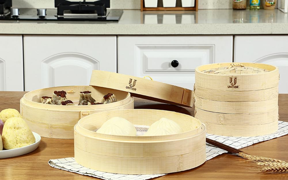 Handmade 8 Inch Bamboo Steamer Basket with Reusable Cotton Liners, 2 Tier Traditional Dumpling Food Steamer