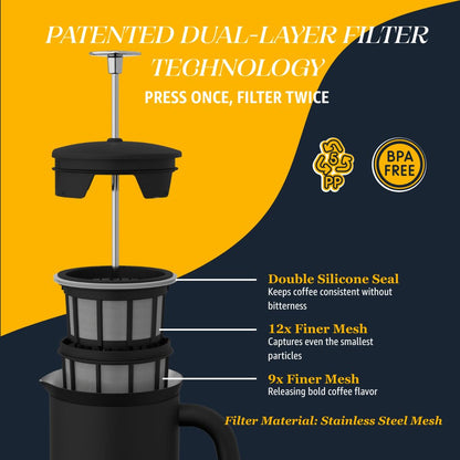 ESPRO Pro P7 French Press Stainless Steel 304 – Patented Double Walled Micro-Filter Insulated French Press Coffee Maker, Grit-Free Brew - Heat Resistant BPA Free - Matte Black (18oz)