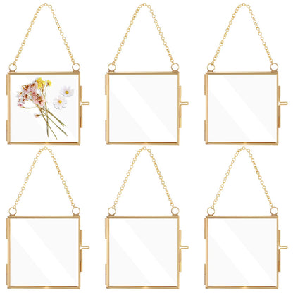 6pcs Glass Frames for Pressed Flowers Gold Mini Glass Hanging Frame 2.7x2.7x0.3 Inch Square Mini Metal Picture Frame Ornaments Clear Double Sided Glass Floating Frame Hanging Artwork Display Frame