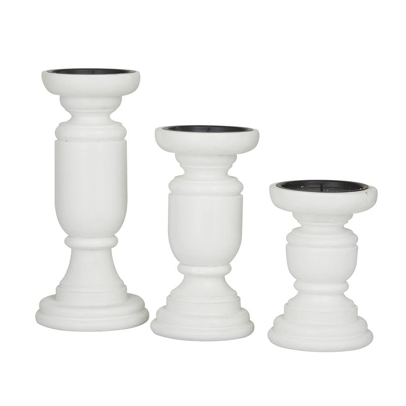 Deco 79 Mango Wood Turned Style Pillar Candle Holder, Set of 3 10", 8", 6"H, White