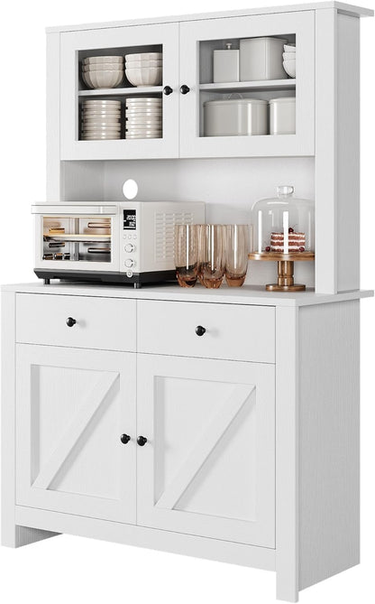 GarveeHome Kitchen Pantry Cabinet with Microwave Stand, Freestanding Hutch Cabinet with Buffet Cupboard, Tall Kitchen Cabinets with Adjustable Shelves for Dining Room, White