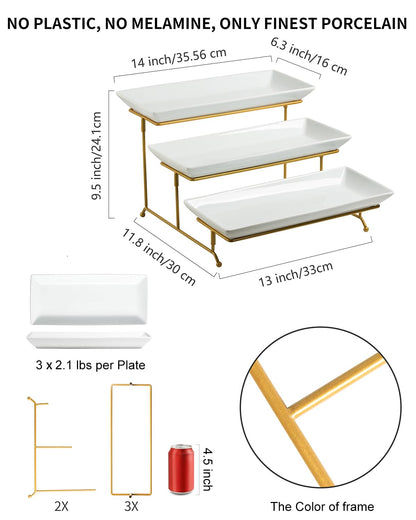 LAUCHUH Large 3 Tier Serving Stand Tiered Serving Trays with Collapsible Sturdier Rack Porcelain Serving Trays and Platters for Fruit Dessert Presentation Mother's Day Party Display Set, 14 Inch