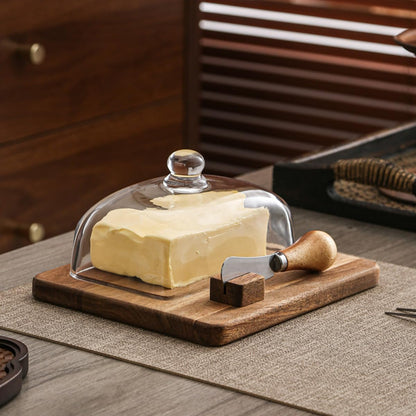 Acacia Wood Butter Dish with Knife and Glass Cover for Cheese, Butter, Cake, Dessert Serving Tray Elegant Kitchenware (1 knife)