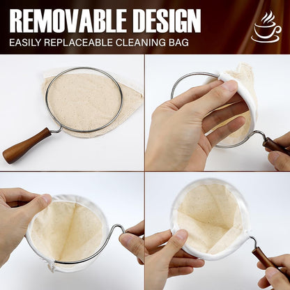 Coffee Filter, Flannel Cloth Coffee Filter with Wooden Handle, Reusable Coffee Sock Filter for Home Office Kitchen Use