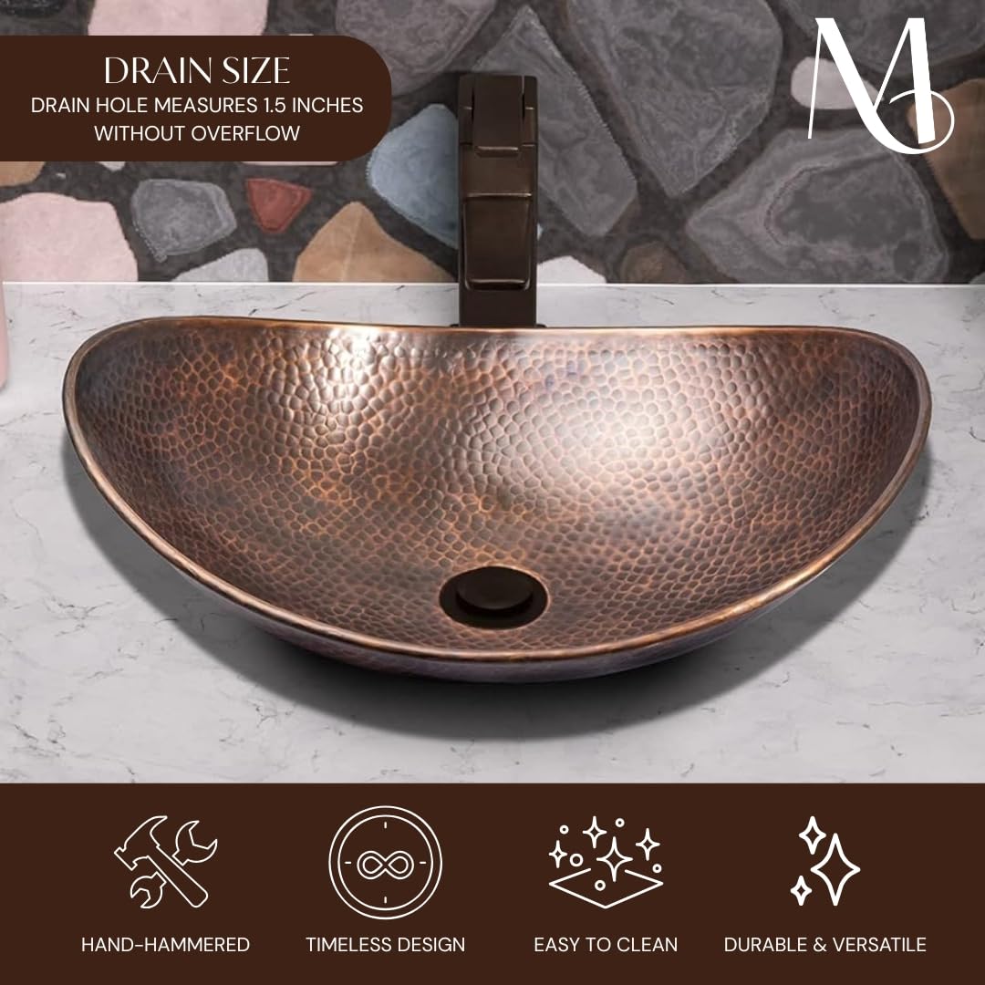 Monarch Abode Bathroom Sink – 19-Inch Harbor Vessel Bathrooms Countertop Sink, Bathroom Vessel Sinks, Above Counter Hand Hammered Pure Copper Bath Sinks for Restroom Vanity or Powder Room