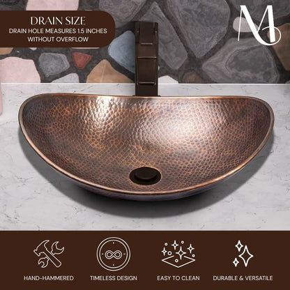 Monarch Abode Bathroom Sink – 19-Inch Harbor Vessel Bathrooms Countertop Sink, Bathroom Vessel Sinks, Above Counter Hand Hammered Pure Copper Bath Sinks for Restroom Vanity or Powder Room