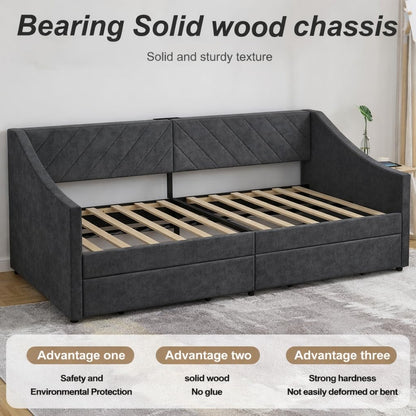 Arhomefurni Upholstered Twin Size Daybed with Two Storage Drawers, Twin Leatherair Sofa Bed Daybed with Wood Slat Support,No Box Spring Needed (Dark Grey)