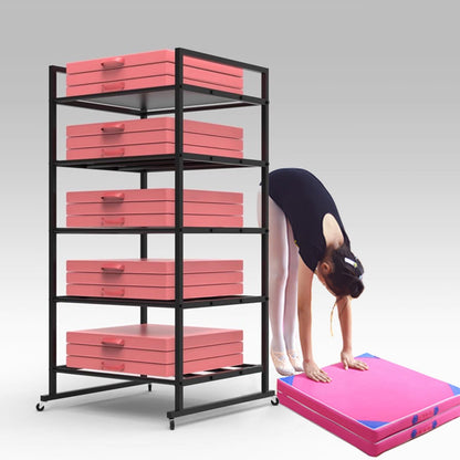 KOMFGT Folding Gymnastics Tumbling Mat Storage Rack, Indoor Outdoor Free Standing Black Metal Organize Holder for 5 Foldable Kneeling/Seat Cushion, Rolling Yoga Mats Display Rack for Gym Home Workout