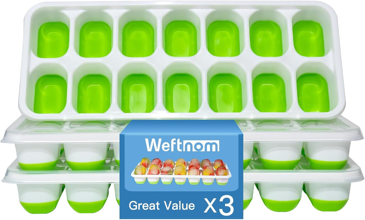 Skiennix Ice Cube Tray - Easy-Release Silicone Ice Cube Molds with Lids | Stackable 3-Pack, BPA-Free
