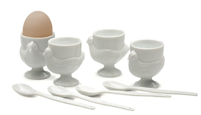 RSVP International Kitchen Accessories Collection Soft Boiled Egg, White Porcelain, Cup & Spoon Set, 8 Piece