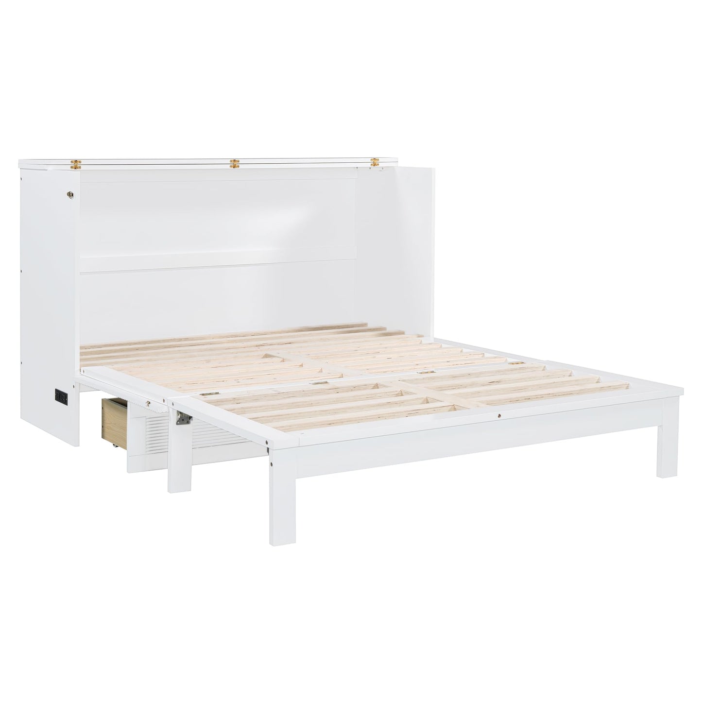 PVWIIK Queen Size Murphy Bed with Drawer for Bedroom/Living Room/Small Space,Cabinet Bed Frame/Space Saving Design, No Box Spring Needed,White