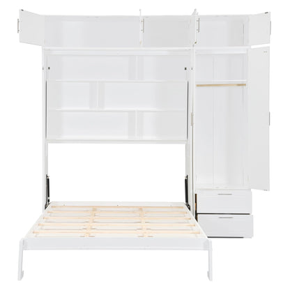 DNYN Murphy Bed Frame with Top Cabinets and Wardrobe for Bedroom/Guest Room/Home Office, Queen Size Foldable Wall Bed with Storage Drawers and Shelves, No Box Spring Needed