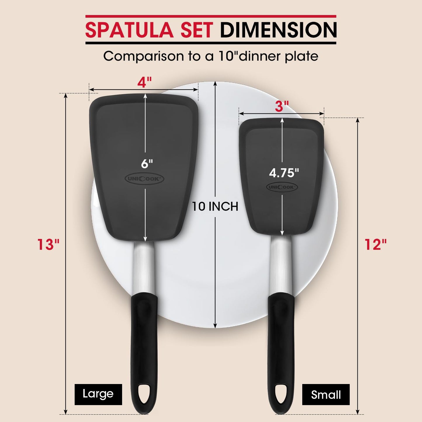 Unicook 2 Pack Flexible Silicone Spatula, Turner, 600F Heat Resistant, Ideal for Flipping Eggs, Burgers, Crepes and More, Black