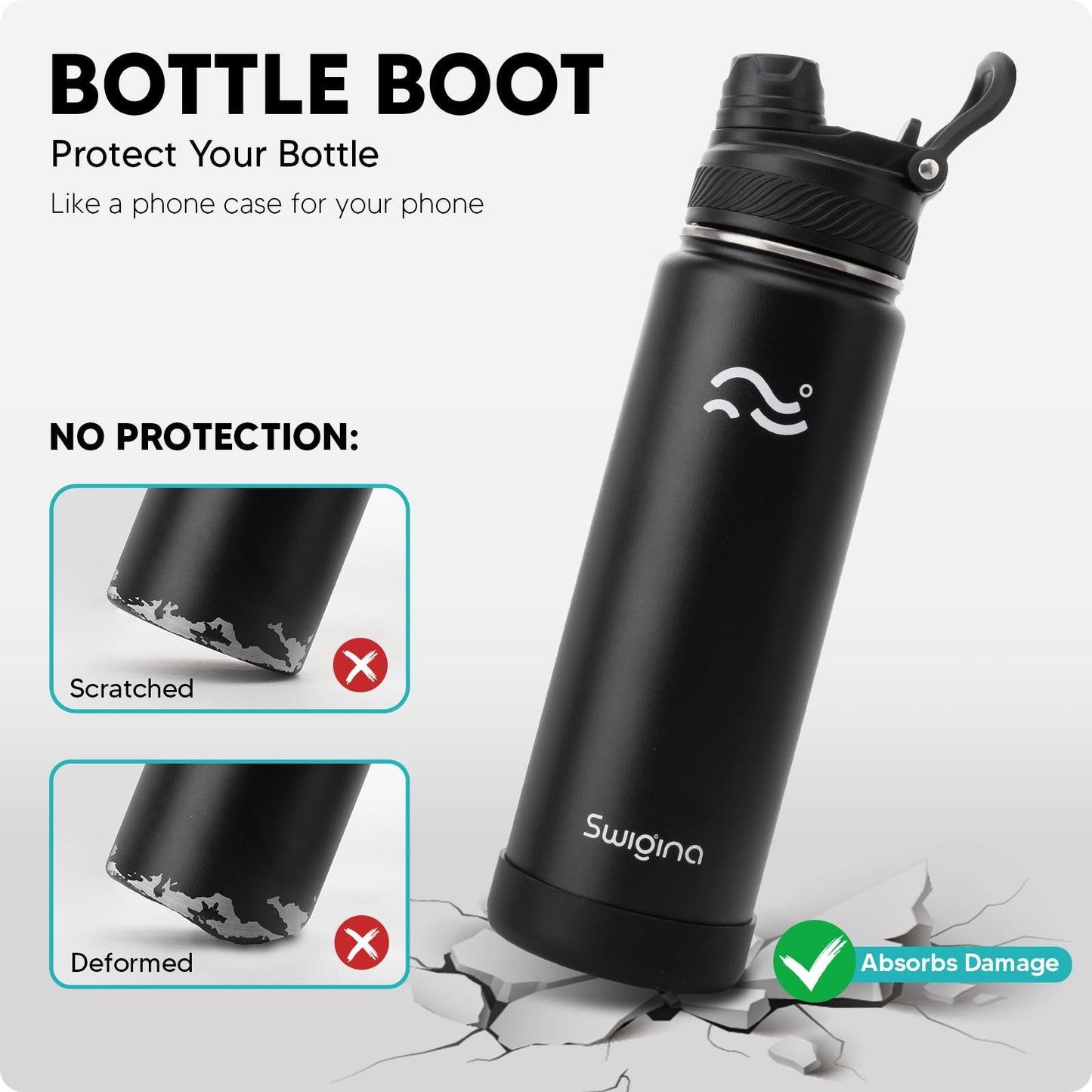 Swigina [2-IN-1 LID] Insulated Water Bottle with Silicone Boot (36hrs Cold/18hrs Hot) - DIY Stickers, Leakproof, BPA Free, Black, 24 oz
