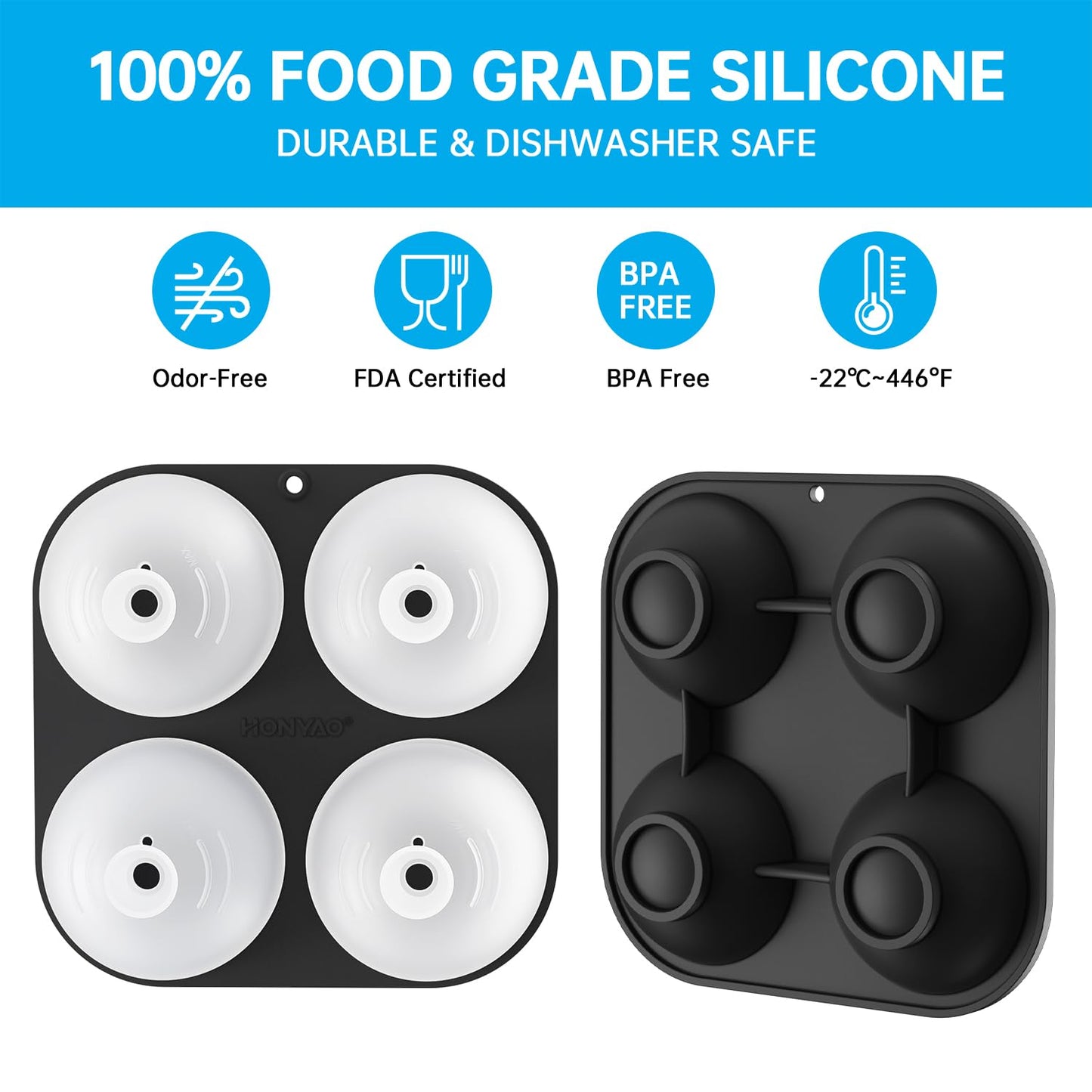 HONYAO Silicone Whiskey Ice Ball Mold - 2.4 Inch Large Ice Cube Trays Molds Silicone with Lids - Ice Sphere Maker for Cocktails, Bourbon, Rum - 2 x 4 Iceballs