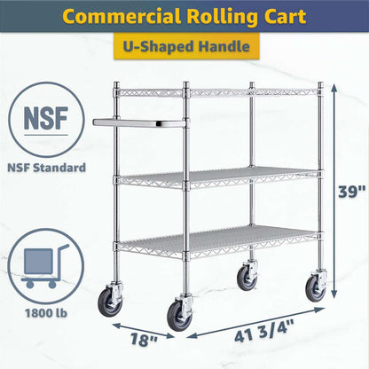 18" x 41 3/4" x 39" Commercial NSF Chrome 3 Shelf Metal Utility Cart with U-Shaped Handle - Heavy-Duty Wire Rolling Cart with Casters, Mobile Serving Storage Cart for Warehouse, Office, Kitchen