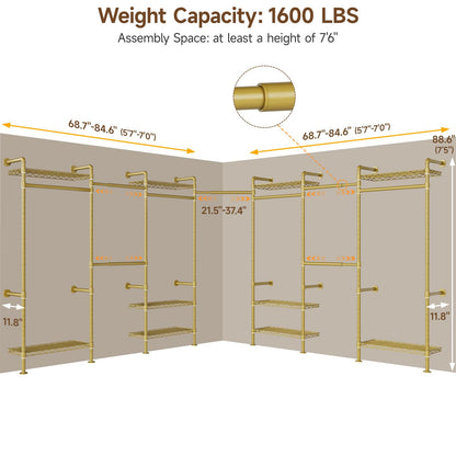 ONBRILL L7 Wall Mounted Industrial Pipe Clothing Rack – Heavy Duty Modular Closet System with 9 Hanging Rods ( 6 Expandable) & 10 Adjustable Shelves, Corner Garment Rack, Large Wardrobe - Gold
