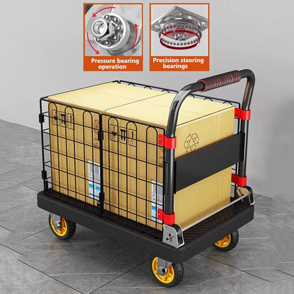 Heavy Duty Folding Platform Truck Cart with Cage and Wheels - Ideal for Warehouse Transport and Moving Heavy Loads