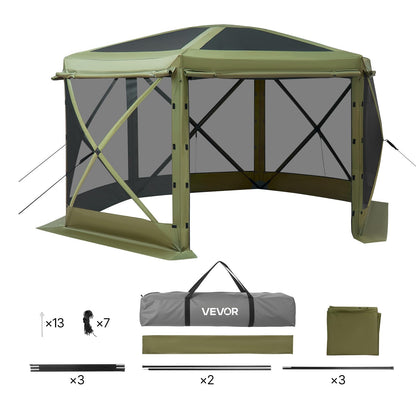 VEVOR Pop up Gazebo Screen Tent, 12 x 12 ft Large 6-Sided Camping Canopy Tent with Removable Top & Carry Bag, Quick-Set & Bite-Proof, Screen House Sun Shelter for 8-10 Persons Backyard Patio, Green