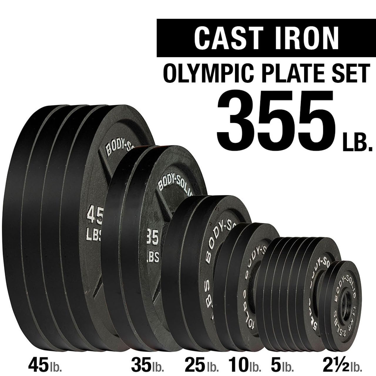 Body-Solid (OSB355) Cast Iron Olympic Weight Plate Set, Free Weights Dumbbell Plates with 2 Inch Standard Hole for All Olympic Barbell Types, 355 lb Total Weight Sets, Black