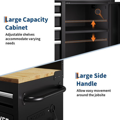 60 Inch Rolling Tool Chest Workbench, 10 Drawer Tool Box with Pegboard & Lock, Mobile Garage Tool Cabinet with Charging Station, Heavy Duty Workbench for Workshop, Black