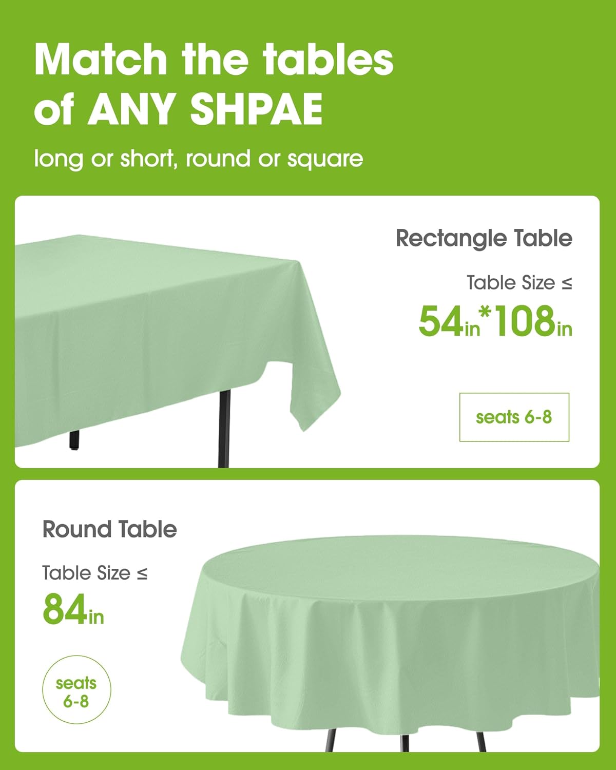 Pureegg Disposable Plastic Tablecloths - 84'' Round, Leakproof & Sturdy, Sage Green - 8 Pack for Easter Parties