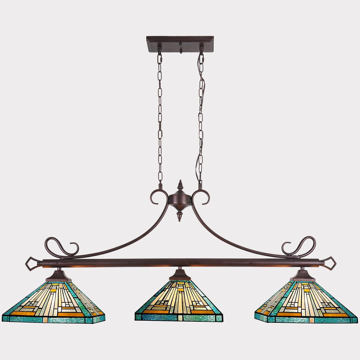 Capulina Tiffany Lamp Stained Glass Pool Table Light Chandelier 3-Lights 12 Inches Wide Amber Green Antique Mission Tiffany Style Pendant Light for Dining Room Kitchen Island Pool Table Hall Farmhouse