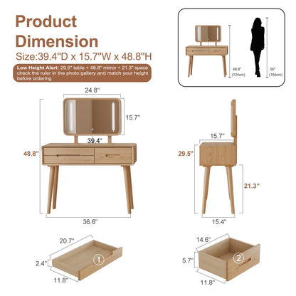 DONGMUWUJEE Solid Wood Vanity and Vanity Stool Bundle, Vanity Set with Mirror and Lights and Stool, Wood Vanity Desk and Chair Set, Makeup Vanities & Vanity Benches (Vanity 39.4 inch Wide, Natural)