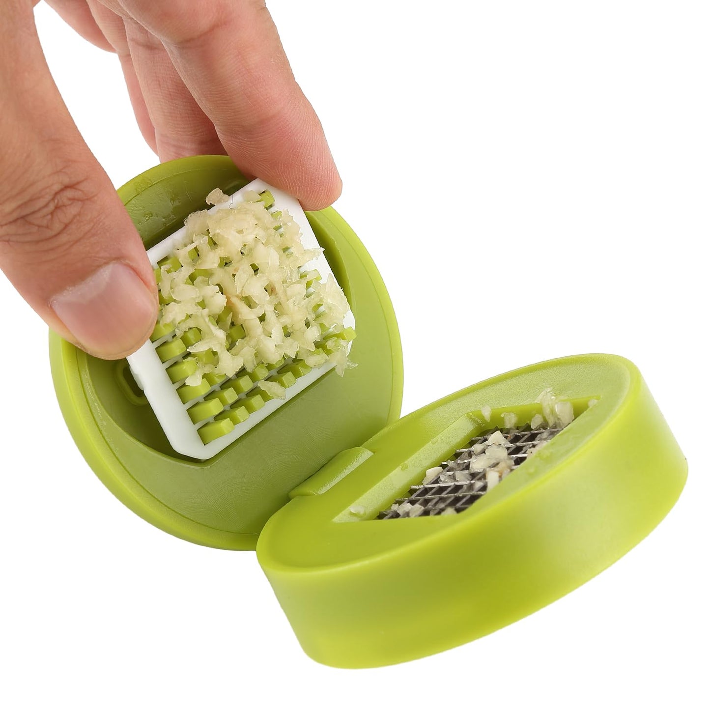 DOSMAMZ 2PCS Garlic Presses, Garlic Chopper, Stainless Steel Blades Cutter, Crusher, Mincer, and Storage Container - Includes 2PCS mini Brushes - Suitable for both Home and Camping – (Green)