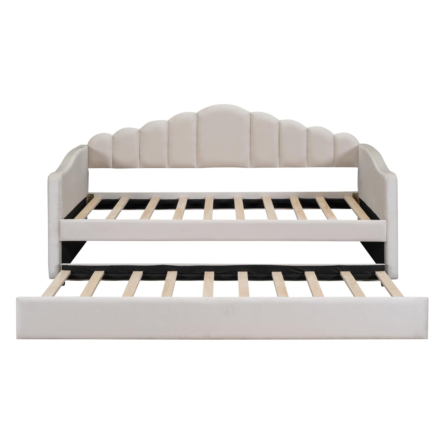 Ball & Cast Twin Daybed with Trundle and Channel Tufted Backrest,Velvet Upholstered Day Bed Frame with USB Charging Ports and 2 Side Pockets, Wood Slats Support,No Box Spring Needed,Beige