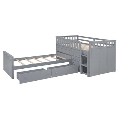Merax L-Shaped Space-Saving Twin Loft and Twin Platform Bed with 7 Storage Drawers and Full Guardrails, Solid Wooden Bedframe for Boys Girls Adult, No Spring Box Needed, Grey